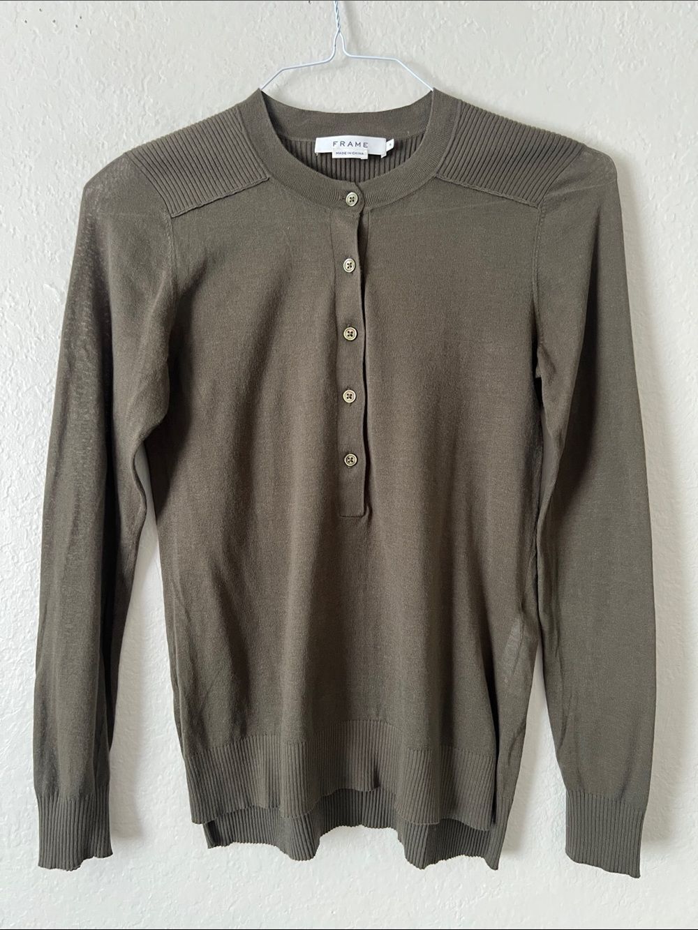 EUC Frame Denim Henley Crewneck Long Sleeve Top 100% cotton Dark Army S